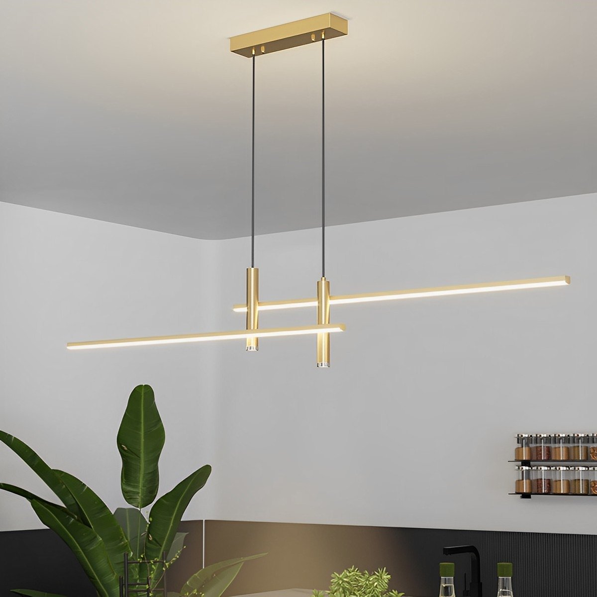 Längliche LED-Pendelleuchte Dimmbar Schwarz Gold Aluminium Esszimmer Wohnzimmer Modernes Design Stilvolles Interieur | Sulvida