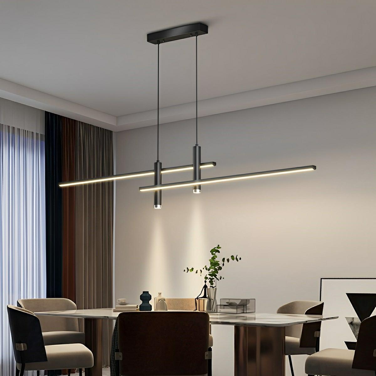 Längliche LED-Pendelleuchte Dimmbar Schwarz Gold Aluminium Esszimmer Wohnzimmer Modernes Design Stilvolles Interieur | Sulvida