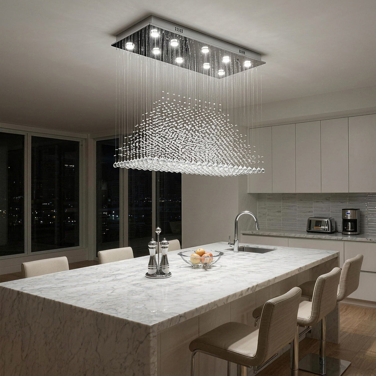 Rechthoekige kristallen hanglamp 100×50×90 cm chroomkleurige kroonluchter woonkamer eetkamer verlichting | Sulvida