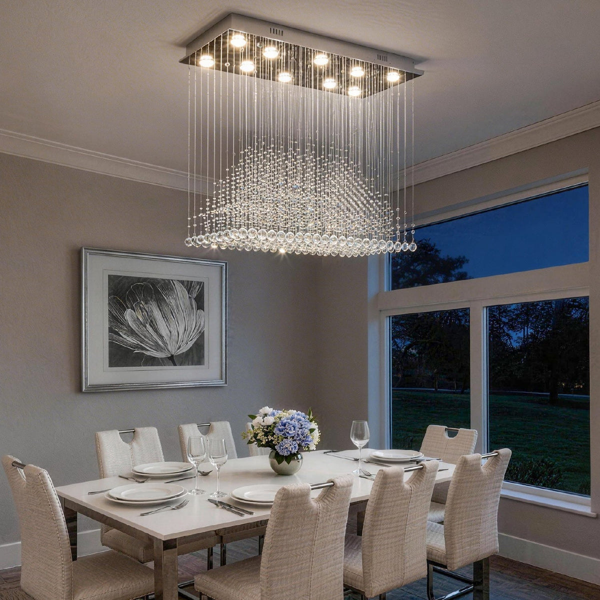 Rechthoekige kristallen hanglamp 100×50×90 cm chroomkleurige kroonluchter woonkamer eetkamer verlichting | Sulvida