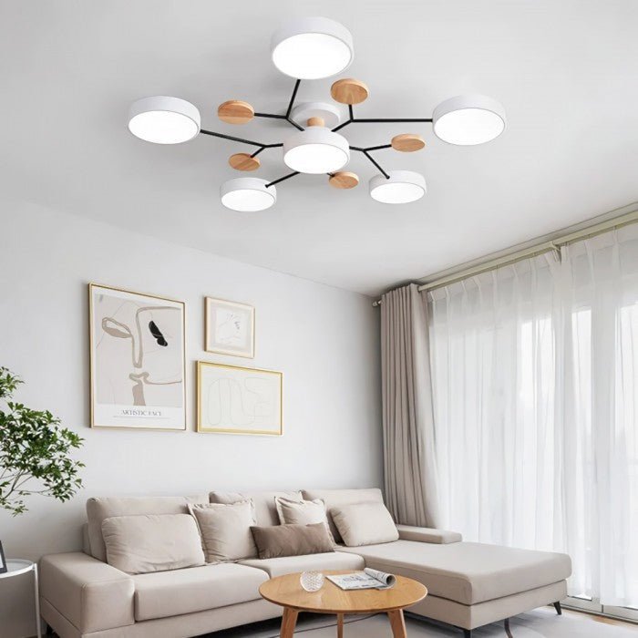 Moderne Scandinavische LED Plafondlamp met Houten Takken en Cirkelvormige Lichtpunten – Energiezuinige Designverlichting voor Woonkamer en Slaapkamer | Sulvida