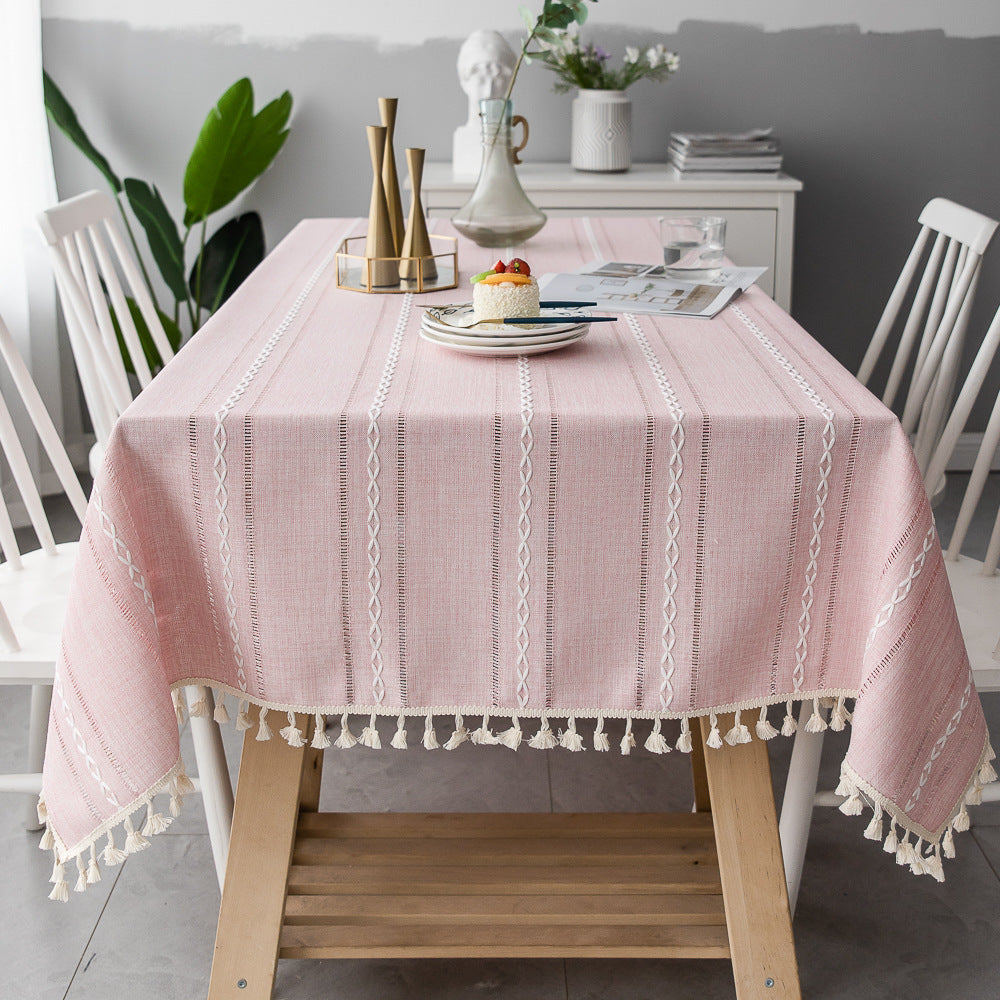 Katoenen Linnen Tafellaken Gestreept met Franjes 90x90-140x220 cm Stijlvol Tafeldecoratie Eettafel Diner | Sulvida