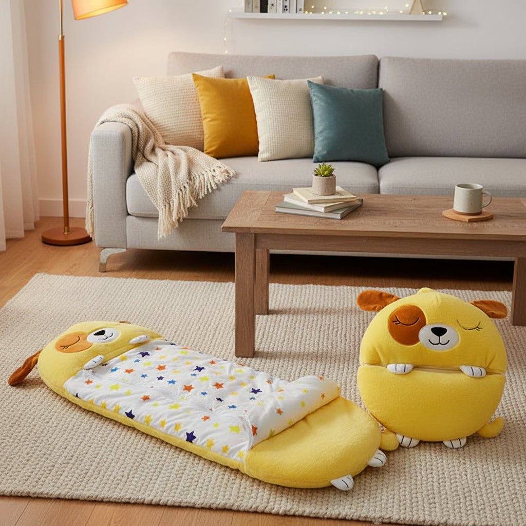 Kinderslaapzak met Knuffel Dieren Pluche Ligzak Tweekamers Logeerbed voor Reizen Overnachten 135-180 cm | Sulvida