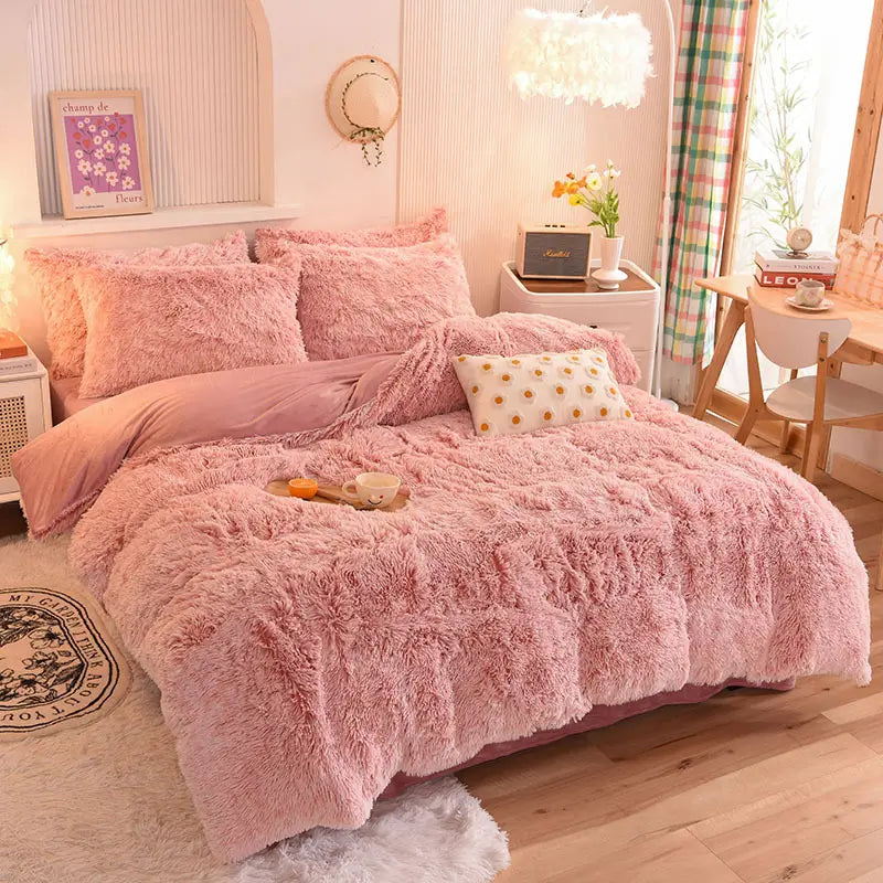 Plüsch-Fleece-Bettwäsche-Set, winterwarm, Teddy, 3-4-teilig, mit Bezug, Laken und Kissenbezügen | Sulvida