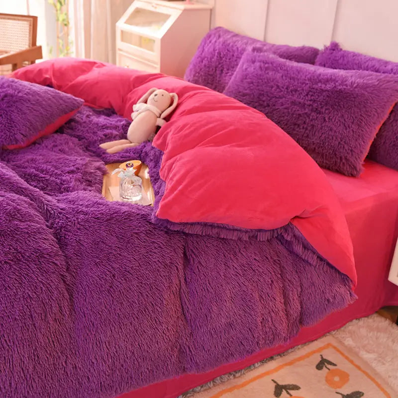 Plüsch-Fleece-Bettwäsche-Set, winterwarm, Teddy, 3-4-teilig, mit Bezug, Laken und Kissenbezügen | Sulvida