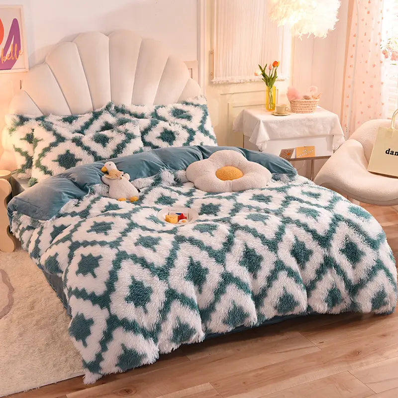 Plüsch-Fleece-Bettwäsche-Set, winterwarm, Teddy, 3-4-teilig, mit Bezug, Laken und Kissenbezügen | Sulvida