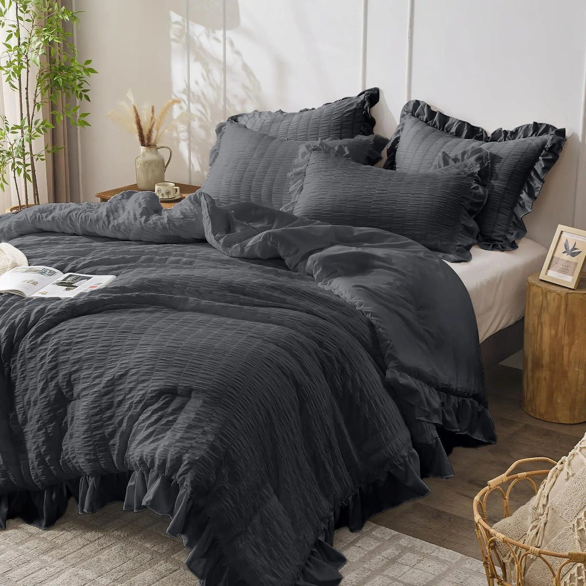 Seersucker dekbedovertrek met kant romantisch gestructureerd beddengoed luxe afwerking voor slaapkamer | Sulvida