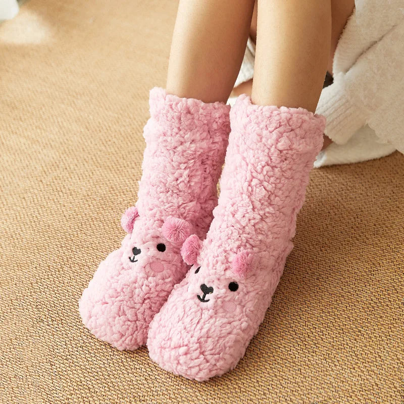 Zachte Warme Sokken met Berenprint Antislip Fluffy Pluche Huissokken Winter Dames Heren Comfortabel Thuis | Sulvida