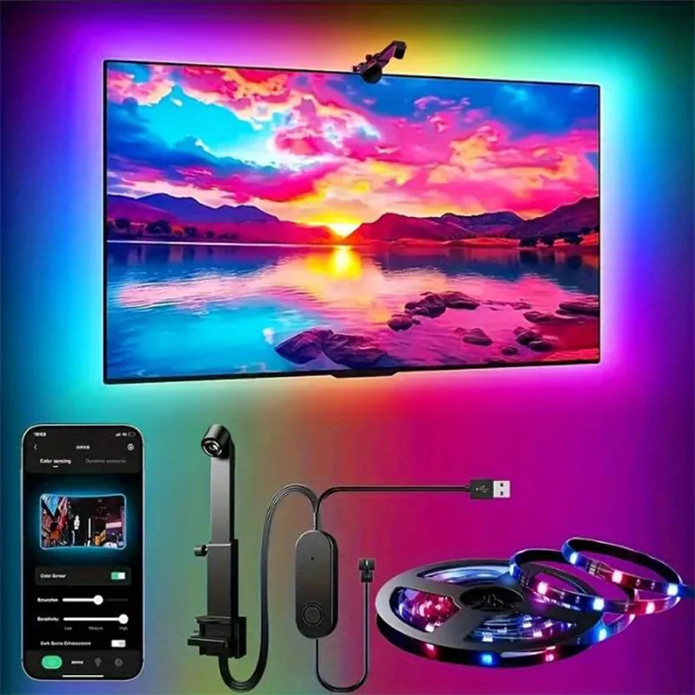 Bande LED de rétroéclairage TV RGBIC, 30 LED/m, synchronisation par caméra aux couleurs de l’écran, éclairage d’ambiance gaming pour TV de 55-75 pouces | Sulvida