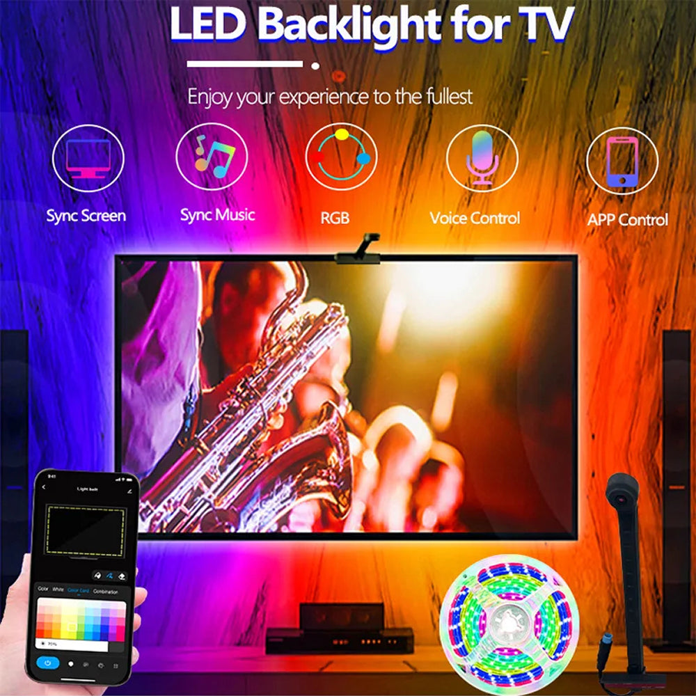 Bande LED de rétroéclairage TV RGBIC, 30 LED/m, synchronisation par caméra aux couleurs de l’écran, éclairage d’ambiance gaming pour TV de 55-75 pouces | Sulvida