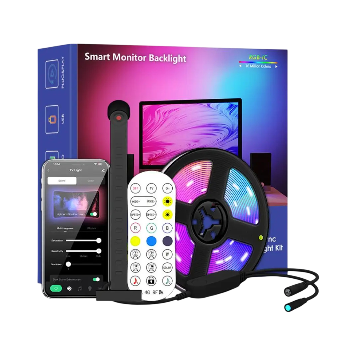 Bande LED de rétroéclairage TV RGBIC, 30 LED/m, synchronisation par caméra aux couleurs de l’écran, éclairage d’ambiance gaming pour TV de 55-75 pouces | Sulvida