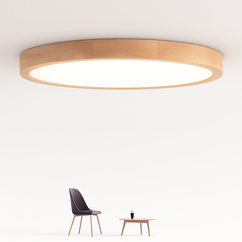 Lampe de plafond LED ronde en bois, design naturel ultrafin, à intensité réglable, éclairage moderne 30-60 cm, salon | Sulvida