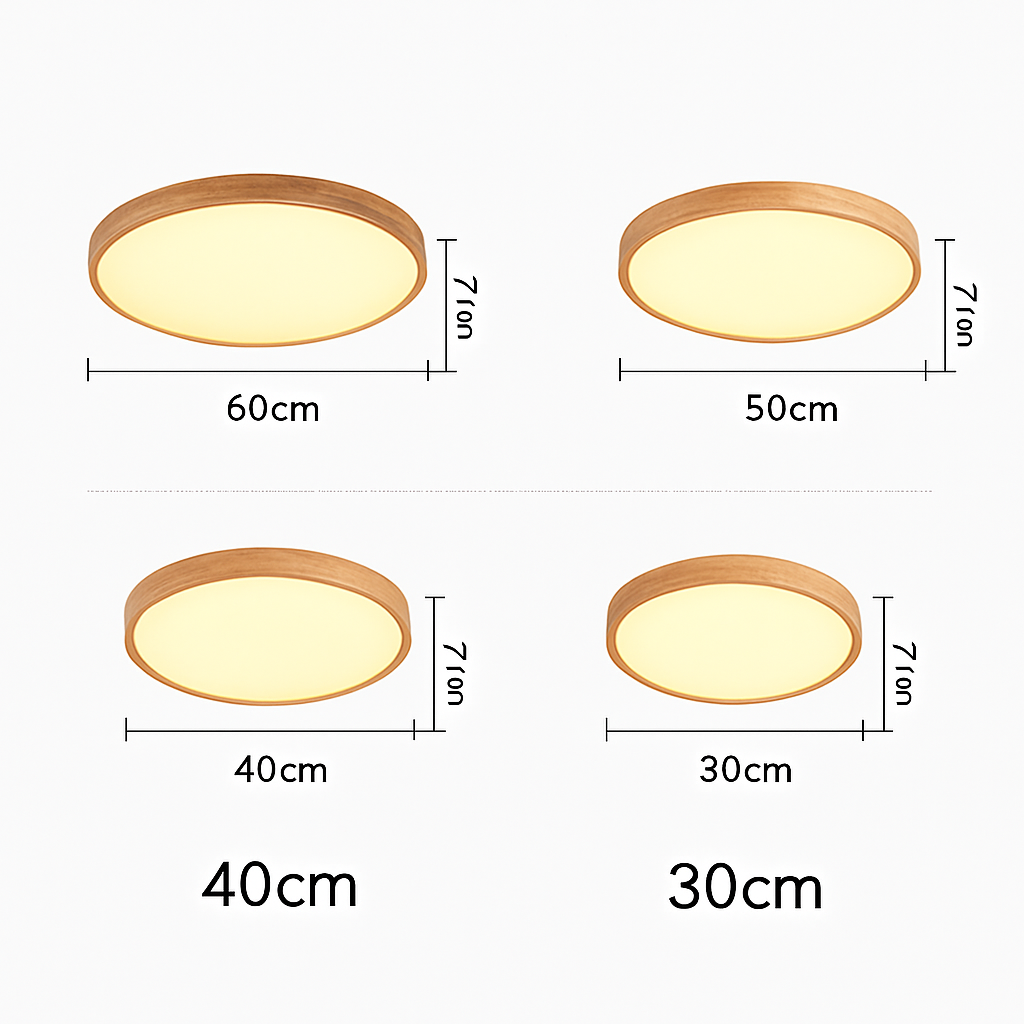 Lampe de plafond LED ronde en bois, design naturel ultrafin, à intensité réglable, éclairage moderne 30-60 cm, salon | Sulvida