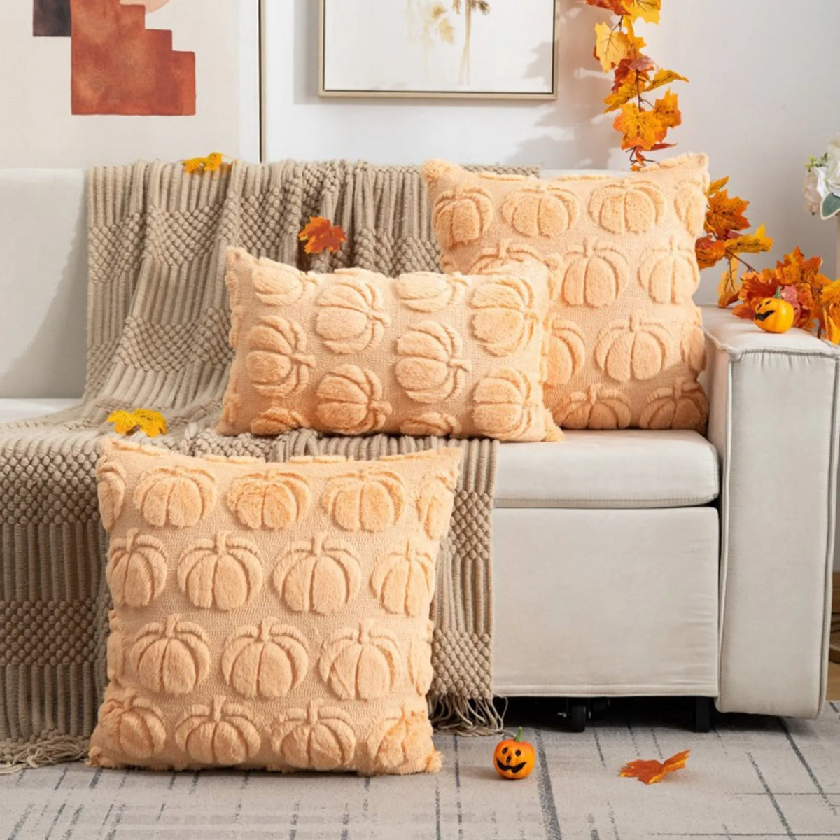Pompoen Kussenhoes Pluche Herfst Decoratie Bank Woonkamer Feestelijk Oranje Bruin Wit Seizoen Accent | Sulvida