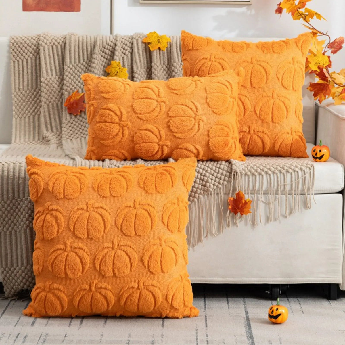 Pompoen Kussenhoes Pluche Herfst Decoratie Bank Woonkamer Feestelijk Oranje Bruin Wit Seizoen Accent | Sulvida