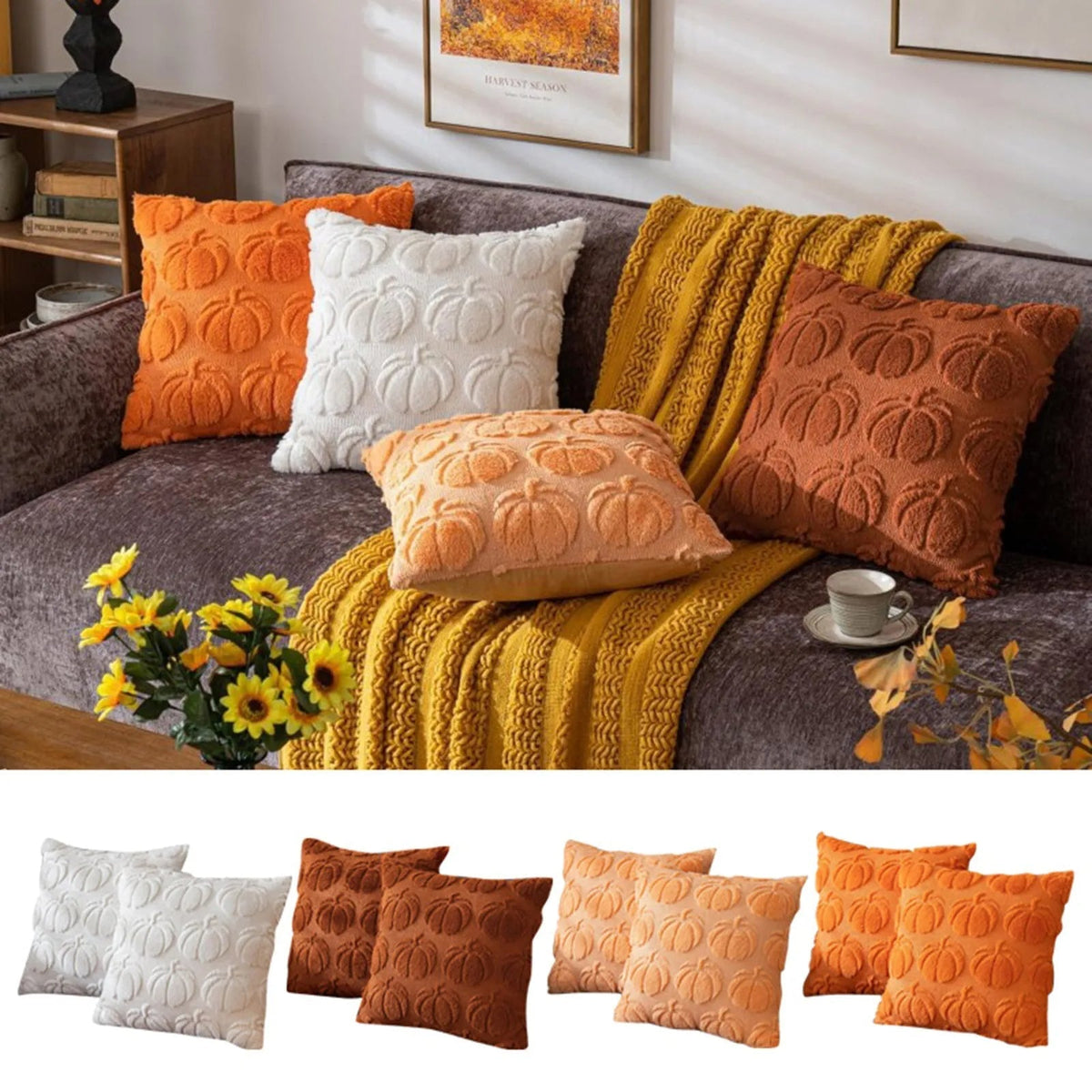 Pompoen Kussenhoes Pluche Herfst Decoratie Bank Woonkamer Feestelijk Oranje Bruin Wit Seizoen Accent | Sulvida