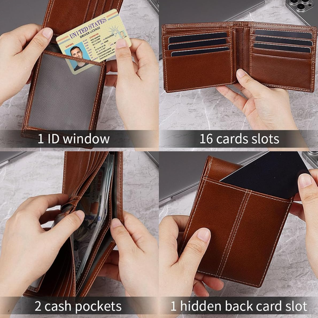 Leren Bifold Portemonnee met RFID-bescherming 16 Vakjes Heren Zwart Bruin Rood Compact Veilig Pasjes | Sulvida