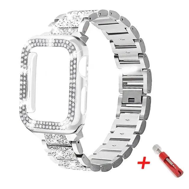 Bracelet de montre avec coque de protection en acier inoxydable pour Apple Watch 38 40 42 44mm, argent or noir métal | Sulvida