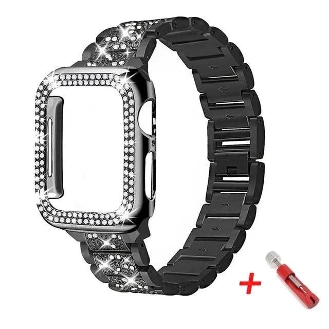 Bracelet de montre avec coque de protection en acier inoxydable pour Apple Watch 38 40 42 44mm, argent or noir métal | Sulvida
