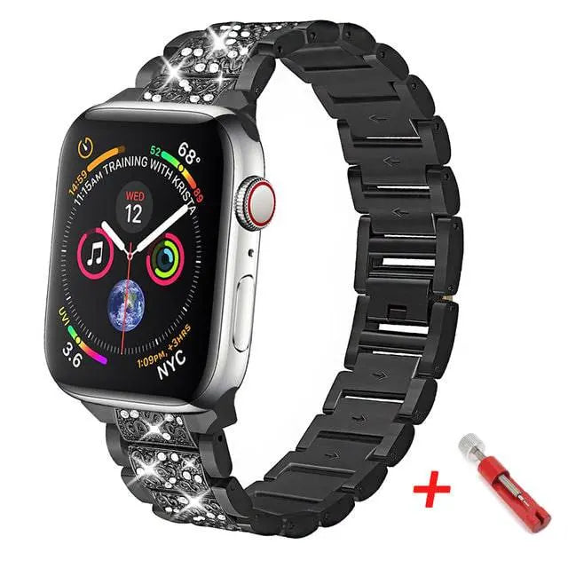 Bracelet de montre avec coque de protection en acier inoxydable pour Apple Watch 38 40 42 44mm, argent or noir métal | Sulvida