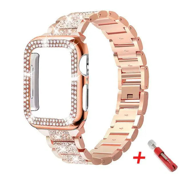 Bracelet de montre avec coque de protection en acier inoxydable pour Apple Watch 38 40 42 44mm, argent or noir métal | Sulvida