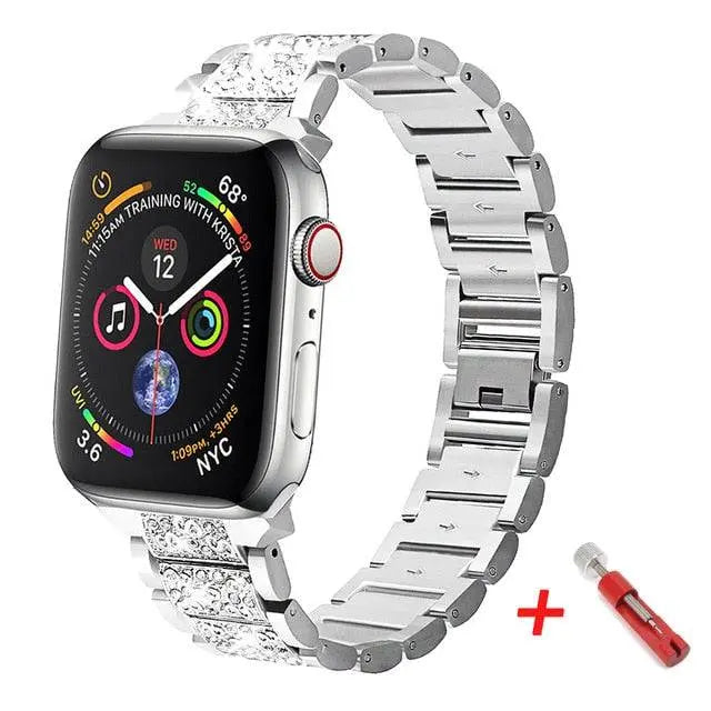 Bracelet de montre avec coque de protection en acier inoxydable pour Apple Watch 38 40 42 44mm, argent or noir métal | Sulvida