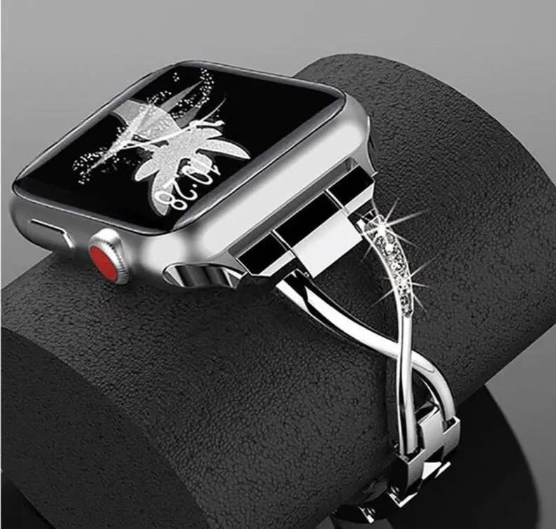 Bracelet avec boîtier pour Apple Watch – Bracelet de luxe en acier inoxydable serti de diamants, or, argent, or rose | Sulvida