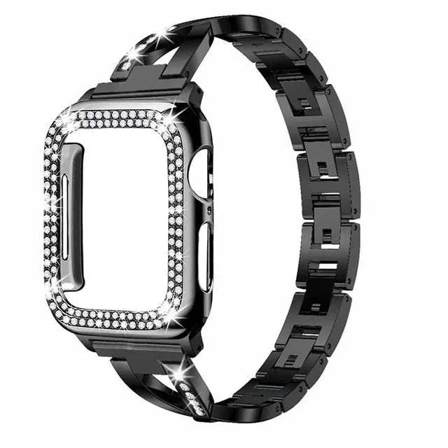 Bracelet avec boîtier pour Apple Watch – Bracelet de luxe en acier inoxydable serti de diamants, or, argent, or rose | Sulvida