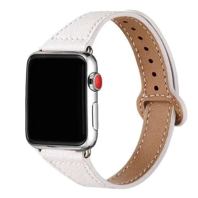 Bracelet de montre en cuir pour femme modèle fin pour Apple Watch taille de boîtier 42/46mm & Ultra 49mm beige noir marron rose | Sulvida
