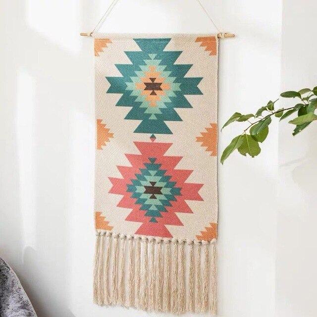 Geometrisch getuft wandtapijt met franjes natuurlijke macramé boho stijl 50×70 cm woonkamer decoratie | Sulvida