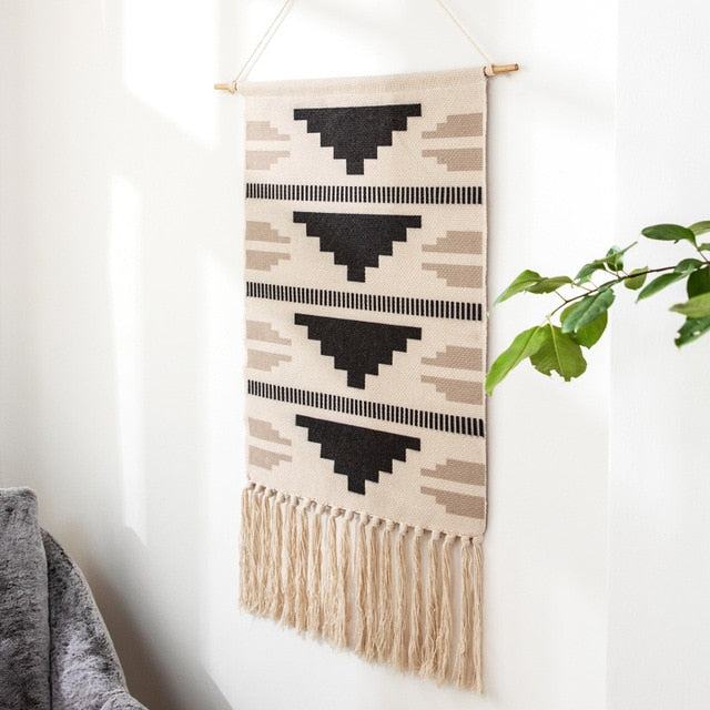 Geometrisch getuft wandtapijt met franjes natuurlijke macramé boho stijl 50×70 cm woonkamer decoratie | Sulvida