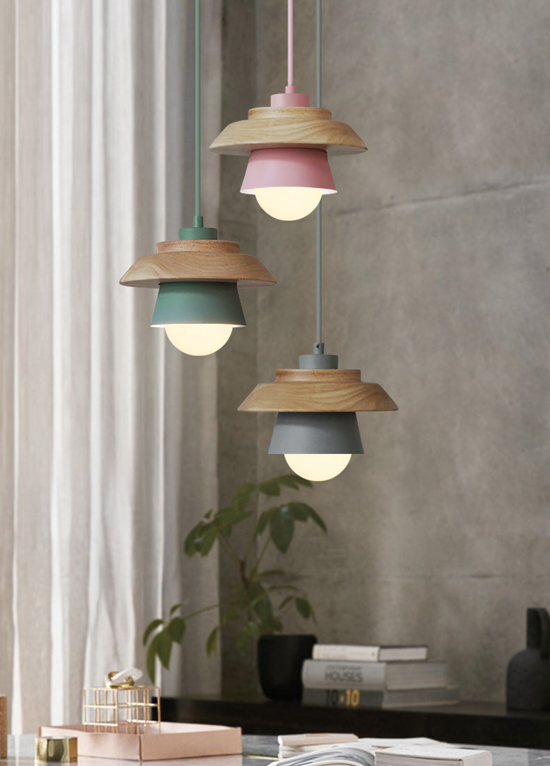 Scandinavische Hanglamp Hout Aluminium Zwart Roze Groen Grijs Wit E27 Lichtpunt Design Binnenverlichting | Sulvida