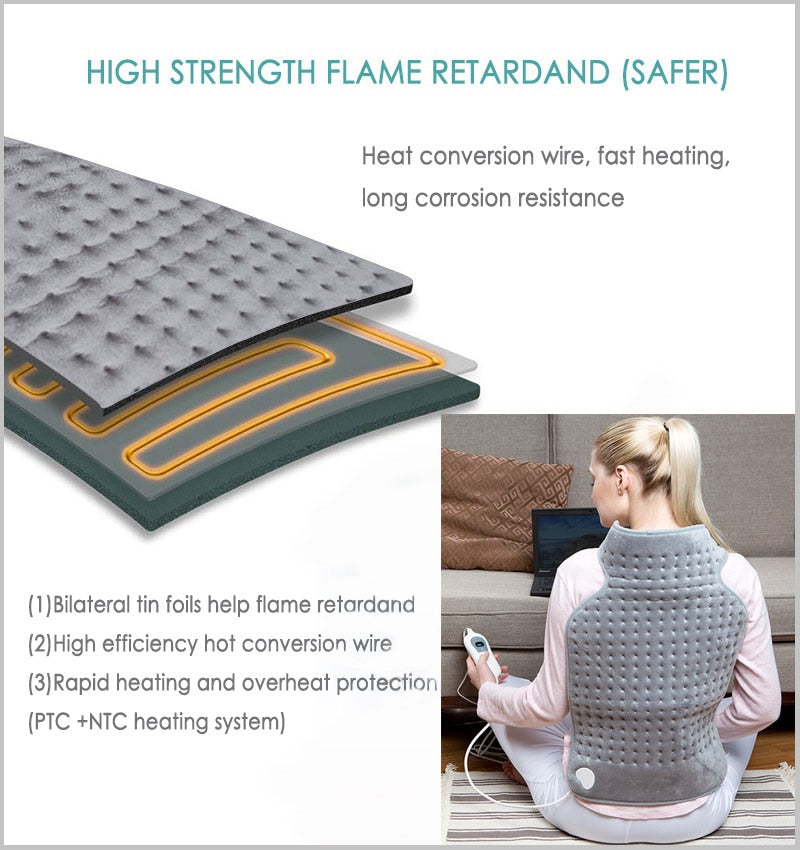 Elektrisch Verwarmingskussen Nek Schouder Fleece 63x42cm Drie Warmtestanden Oververhittingsbeveiliging Relaxatie | Sulvida