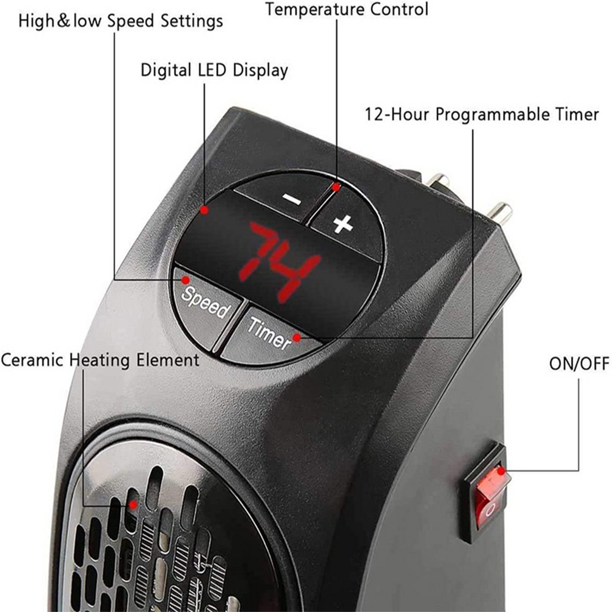 Compacte Stekkerverwarmer 400W Keramisch Verwarmingselement Digitale Thermostaat Energiezuinig Verwarmen | Sulvida