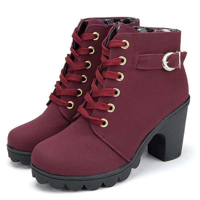 Dames Winterschoenen Leren Enkellaarzen Vierkante Hak Plateau Rits Comfort Casual Elegant Zwart Bruin | Sulvida