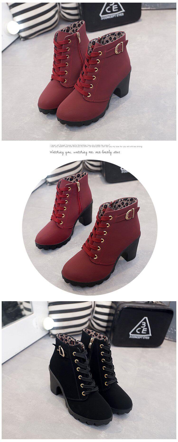 Dames Winterschoenen Leren Enkellaarzen Vierkante Hak Plateau Rits Comfort Casual Elegant Zwart Bruin | Sulvida