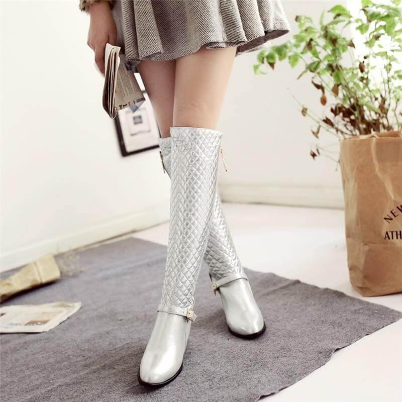 Kniehoge Dameslaarzen met Vierkante Hak Plateauzool PU Leder Rits Pluche Voering Winterschoenen Dames | Sulvida