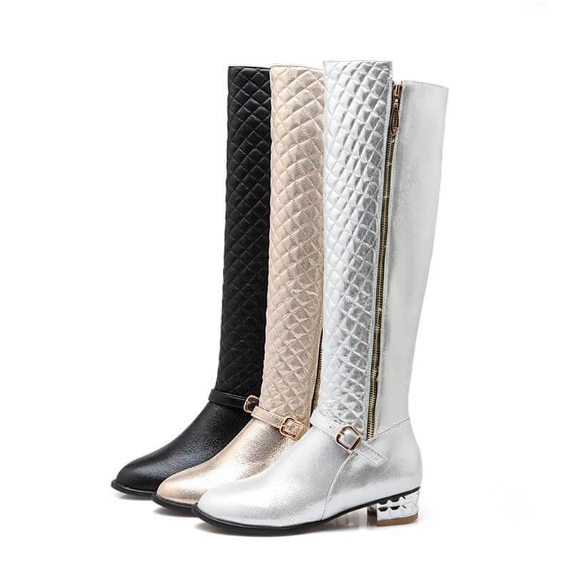 Kniehoge Dameslaarzen met Vierkante Hak Plateauzool PU Leder Rits Pluche Voering Winterschoenen Dames | Sulvida