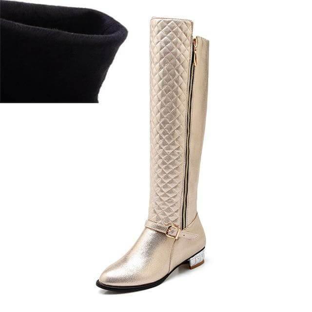 Kniehoge Dameslaarzen met Vierkante Hak Plateauzool PU Leder Rits Pluche Voering Winterschoenen Dames | Sulvida