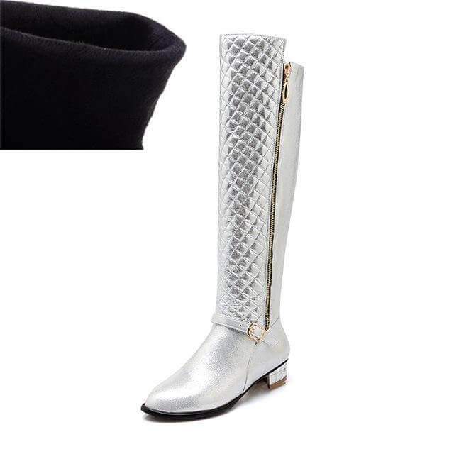 Kniehoge Dameslaarzen met Vierkante Hak Plateauzool PU Leder Rits Pluche Voering Winterschoenen Dames | Sulvida