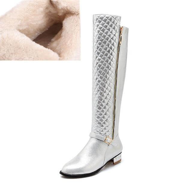 Kniehoge Dameslaarzen met Vierkante Hak Plateauzool PU Leder Rits Pluche Voering Winterschoenen Dames | Sulvida
