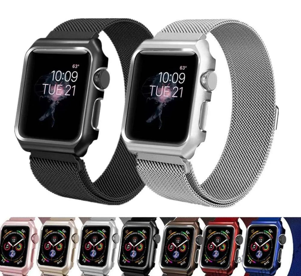 Bracelet de montre en acier inoxydable, maille milanaise pour montre connectée 44mm 42mm 40mm 38mm avec coque de protection | Sulvida