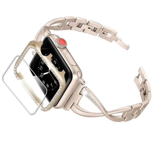Ensemble boîtier et bracelet pour Apple Watch 38mm 40mm 42mm 44mm, boîtier Royalty avec bracelet Diva, couleur or, montre connectée | Sulvida
