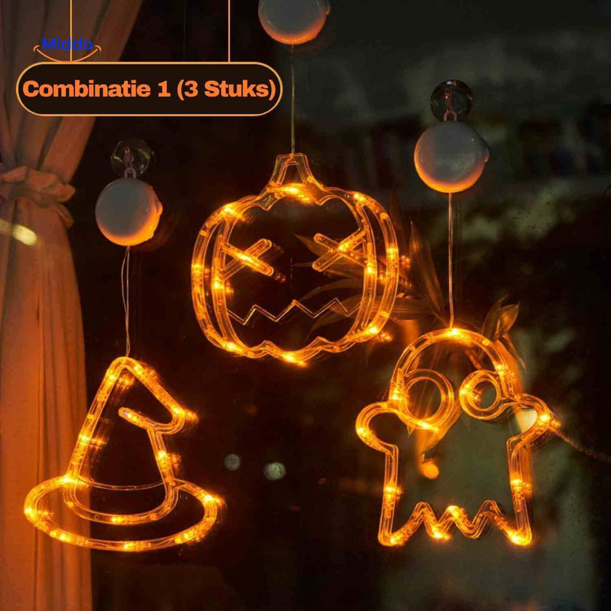 LED-decoratielamp Halloween zuignap 20cm kunststof pompoen spookje heksenhoed sfeerverlichting binnen buiten | Sulvida