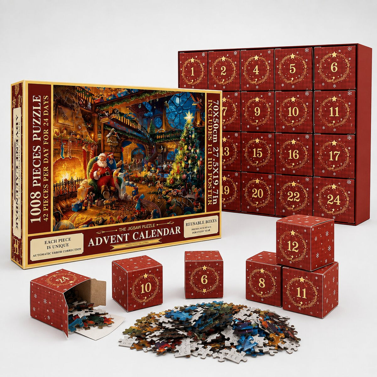 Kerstpuzzel Adventskalender 24 Dagen 1008 Stukjes Feestelijk Motief Puzzel Kalender Kerstmis Kerst Cadeau | Sulvida