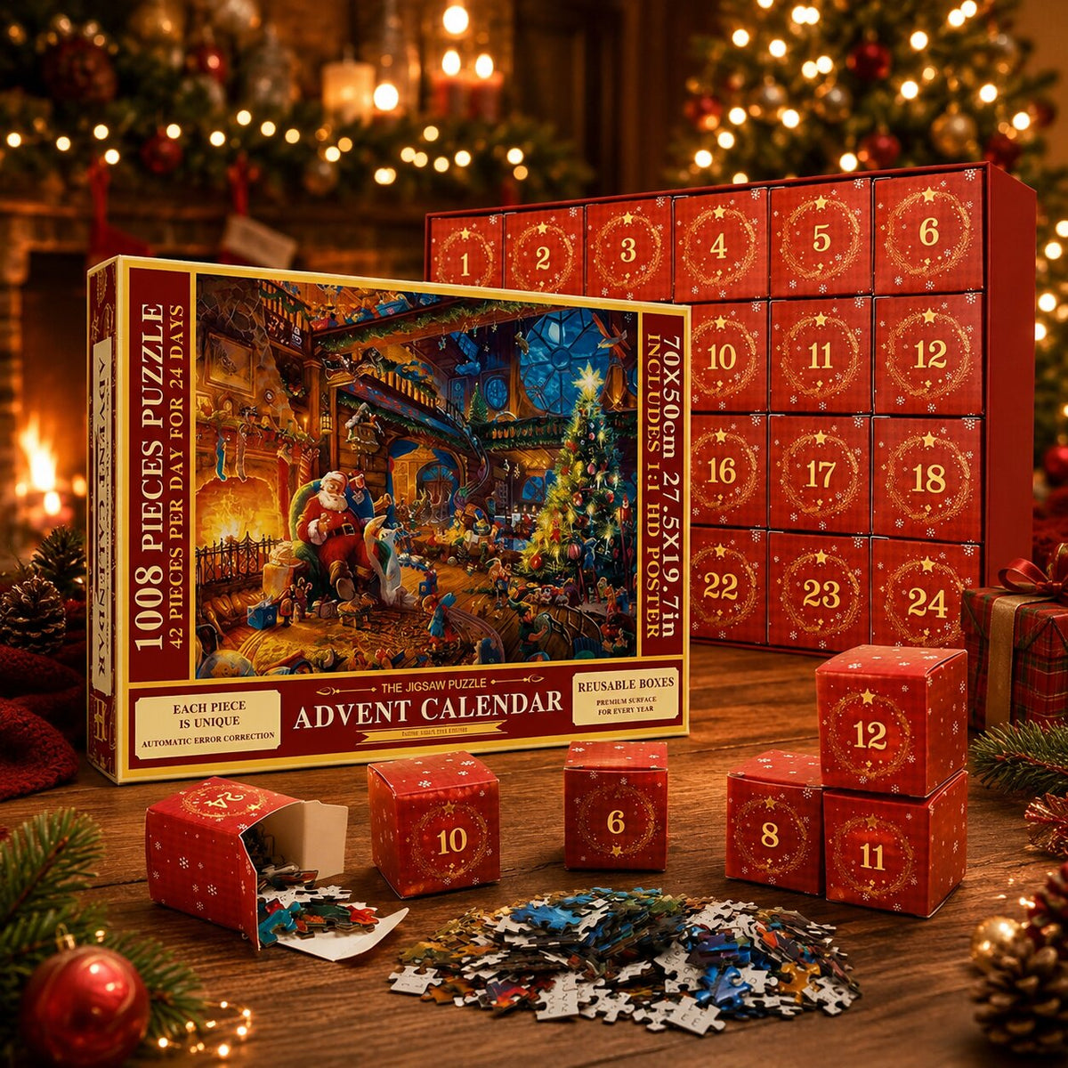 Kerstpuzzel Adventskalender 24 Dagen 1008 Stukjes Feestelijk Motief Puzzel Kalender Kerstmis Kerst Cadeau | Sulvida
