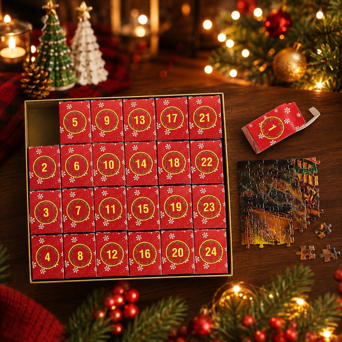 Kerstpuzzel Adventskalender 24 Dagen 1008 Stukjes Feestelijk Motief Puzzel Kalender Kerstmis Kerst Cadeau | Sulvida