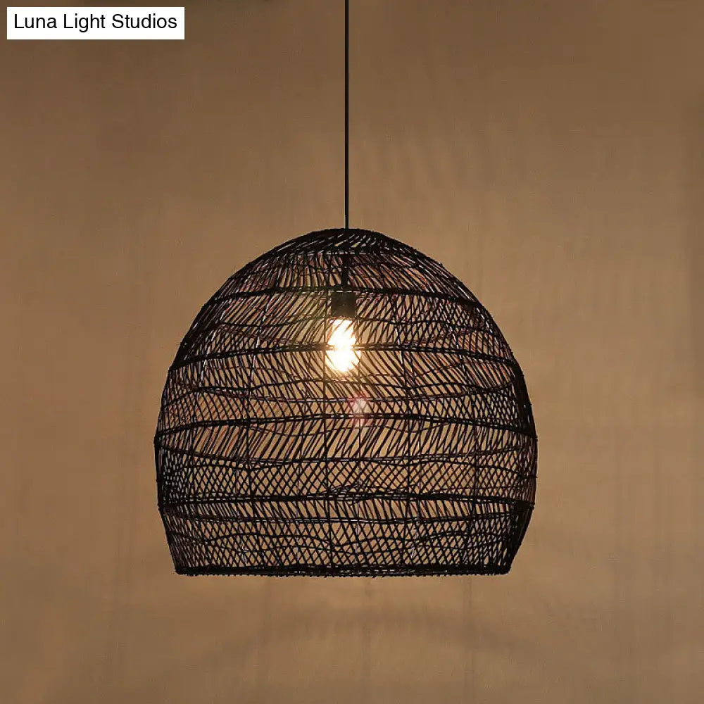 Suspension en osier cloché ronde beige naturel noir de style oriental, douille simple E26/E27, salon, salle à manger | Sulvida