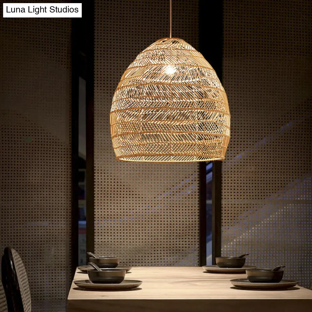Suspension en osier cloché ronde beige naturel noir de style oriental, douille simple E26/E27, salon, salle à manger | Sulvida