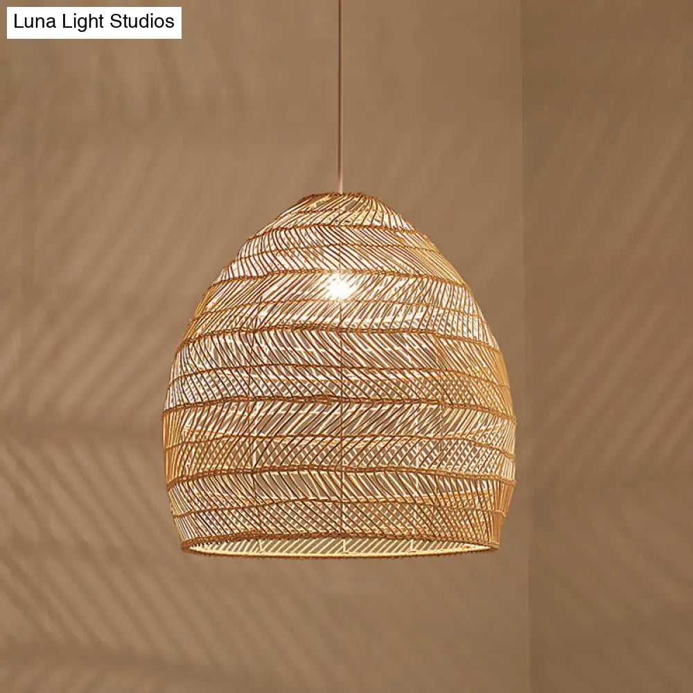 Suspension en osier cloché ronde beige naturel noir de style oriental, douille simple E26/E27, salon, salle à manger | Sulvida